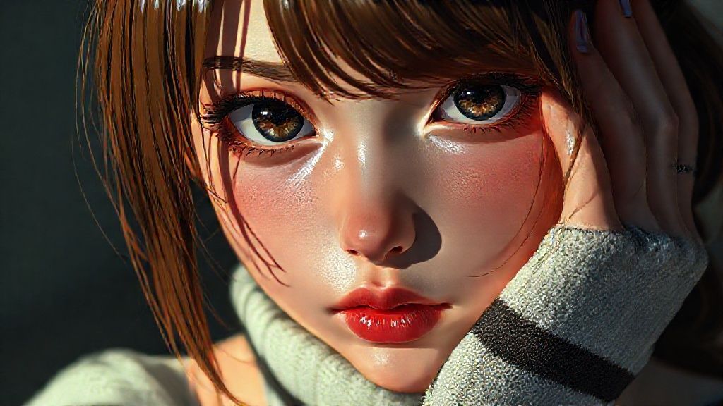 beautiful chin, beautiful eyes, black eyes, beautiful face, (masterpiece), (best quality), (intricate details), high resolution, visually striking, side lighting, high quality face, detailed high quality skin, deep shadow, shy face, solo, perfect, black eyes, brown hair, bandages, striped socks, high quality skin, high quality environment, side lighting, first plan, blushing, embarrassment, arousal;