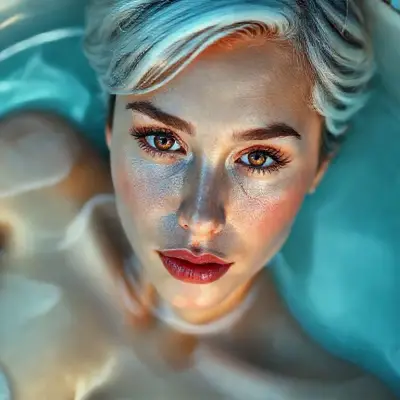 27-year-old mystic body, sweet sugar model (light-toned body) (bright light red iris eyes) ultra-sharp iris detail, subtle reflections, moist tear line, natural lashes, ultra-detailed face, natural skin pores, soft cheek shadows, high-resolution lash texture, realistic light on the bridge of the nose, tear lines, realistic shading, moist full lips, soft ultra natural sheen, light rose color, subtle skin texture, visible lip folds, realistic light reflection, fake shadows, visible scleral veins, realistic shadows, short wavy dark white hair, soft skin texture, realistic nipple detail, anatomically correct placement, subtle interplay of light and shadow, woman floating in a jacuzzi, soft cinematic lighting, Hasselblad H6D-100c, 85mm f/1.2 lens, ultra-detailed skin, Face Restoration/Face Enhancement High Resolution Correction Scaling x4 SDXL or use model like Realistic;