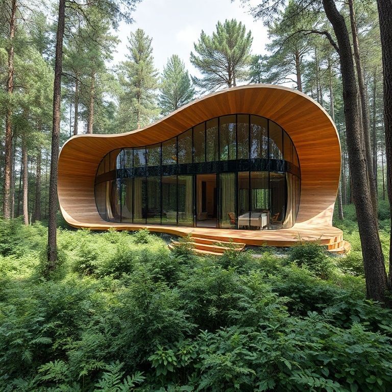 organic shaped house made of glass and wood, nestled in a forest, harmony with nature, zaha hadid style, modern architecture