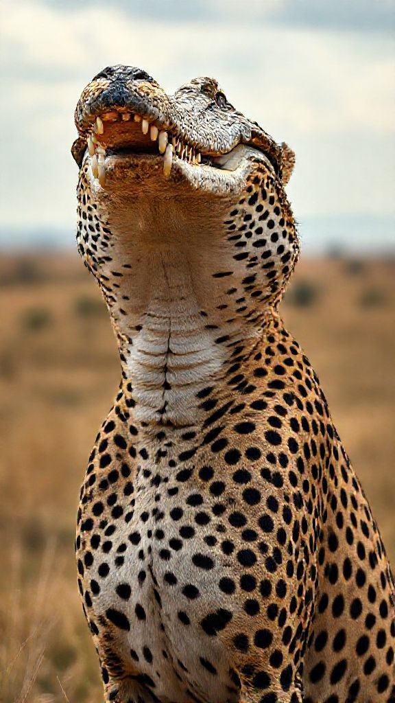 Its head is a crocodile head, its body is a cheetah, its body is realistic, its textures and colors are realistic. Anatomical reality 8K. Full screen African landscape is magnificent 85mm DSLR camera;