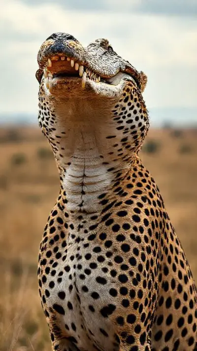 Its head is a crocodile head, its body is a cheetah, its body is realistic, its textures and colors are realistic. Anatomical reality 8K. Full screen African landscape is magnificent 85mm DSLR camera;