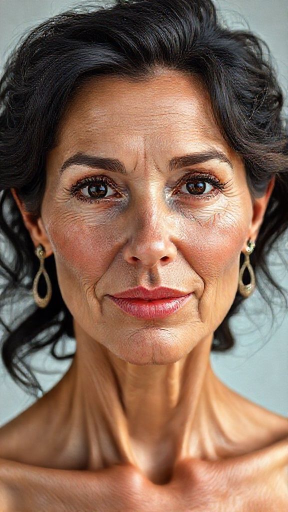 Woman in her 40s, face and body, anatomy: Natural, natural, attractive, makeup-free beauty. Natural facial structure, very realistic anatomical skin texture. Highly detailed facial structure with deeply detailed skin pores and wavy black hair. Precise, deep forehead lines and sharp details. Black iris eyes. Highly detailed, micro-focused eyelashes. Highly detailed, micro-focused, ultra-detailed black eyebrows. Small, focused nose. Highly detailed, natural cheekbones. Small, defined mouth. Detailed lip curves. Highly detailed, focused pink pastel wet lips. Small oval chin. Beautifully detailed facial features. Anatomically defined facial line detail. Micro-detailed facial hair. Ultra-detailed earrings. Micro-detailed aging pore structure. Genetic anatomical synchronous aging of the body. Micro-detailed shooting from head to waist. Detailed photography as genetic reality. No screen filter. Digital visual art.