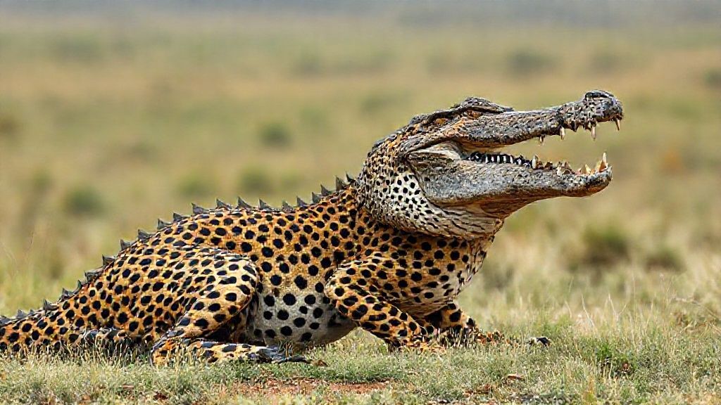 (Its head is a crocodile head, its body is a cheetah, its body is realistic, its textures and colors are realistic. Anatomical reality 8K. Full screen African landscape is magnificent 85mm DSLR camera;)