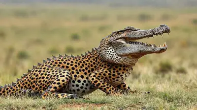 (Its head is a crocodile head, its body is a cheetah, its body is realistic, its textures and colors are realistic. Anatomical reality 8K. Full screen African landscape is magnificent 85mm DSLR camera;)