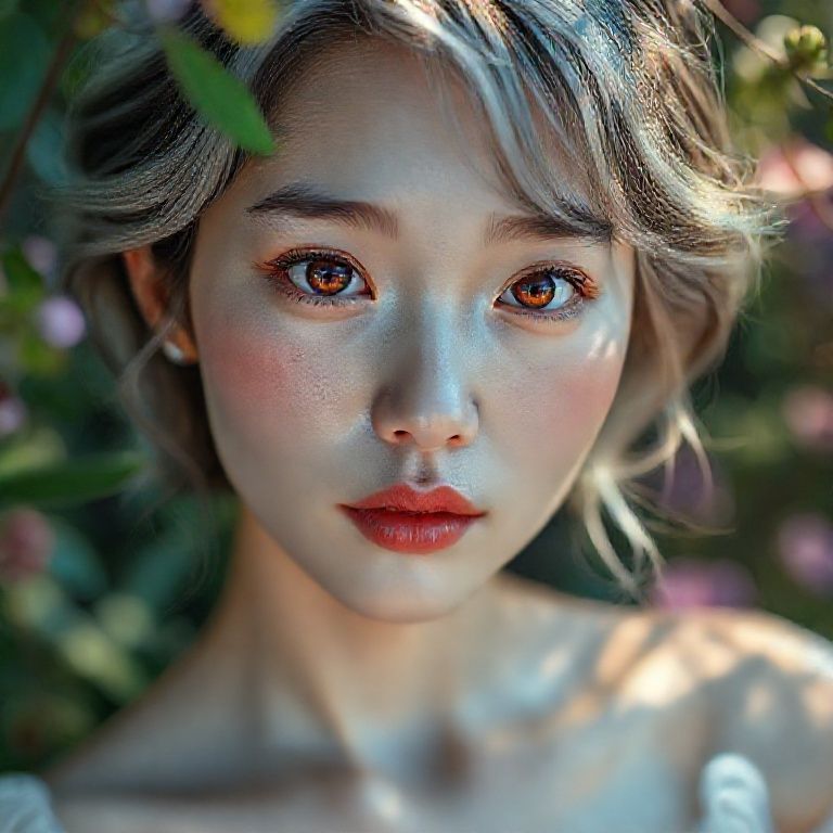 22-year-old asian mystic body, sweet mystic model (light-toned body) (bright light red iris eyes) ultra-sharp iris detail, subtle reflections, moist tear line, natural lashes, ultra-detailed face, natural skin pores, soft cheek shadows, high-resolution lash texture, realistic light on the bridge of the nose, tear lines, realistic shading, moist full lips, soft ultra natural sheen, light rose color, subtle skin texture, visible lip folds, realistic light reflection, fake shadows, visible scleral veins, realistic shadows, short wavy dark white hair, soft skin texture, realistic nipple detail, anatomically correct placement, subtle interplay of light and shadow, woman floating in a garden tabure on the soft cinematic lighting, Face Restoration/Face Enhancement High Resolution Correction Scaling x4 SDXL or use model like Realistic;