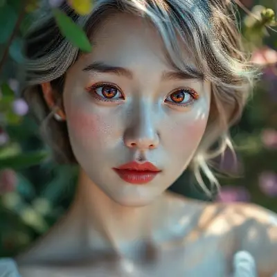 22-year-old asian mystic body, sweet mystic model (light-toned body) (bright light red iris eyes) ultra-sharp iris detail, subtle reflections, moist tear line, natural lashes, ultra-detailed face, natural skin pores, soft cheek shadows, high-resolution lash texture, realistic light on the bridge of the nose, tear lines, realistic shading, moist full lips, soft ultra natural sheen, light rose color, subtle skin texture, visible lip folds, realistic light reflection, fake shadows, visible scleral veins, realistic shadows, short wavy dark white hair, soft skin texture, realistic nipple detail, anatomically correct placement, subtle interplay of light and shadow, woman floating in a garden tabure on the soft cinematic lighting, Face Restoration/Face Enhancement High Resolution Correction Scaling x4 SDXL or use model like Realistic;