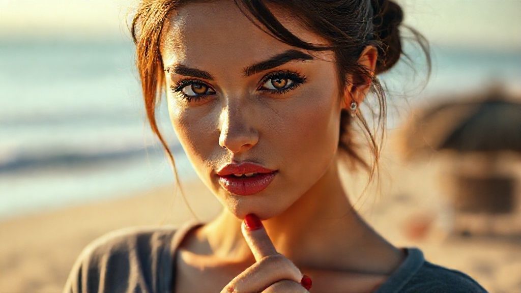 A cinematic close-up portrait of a stunning woman, her face softly lit against a warm, sunny beach backdrop, wearing a low-cut gray velvet shirt. She has delicate, matte pink lips, striking black eyeliner, and defined eyebrows; her confident, alluring, piercing eyes gaze intensely into the camera. Her brown hair is pulled back into a slightly messy bun, with loose strands framing her perfectly contoured face. Her red nails, which match her lipstick, lightly touch her mouth, adding a subtle elegance. The lighting is clean and on-trend, creating sharp contrast and rich shadows, creating a minimalist, mystical atmosphere. The 85mm lens, shallow depth of field, sharp iris focus on the eyes, cinematic color grading, high-resolution editorial style, no text, no logos.