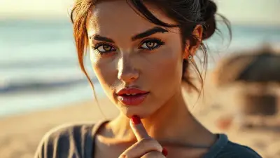 A cinematic close-up portrait of a stunning woman, her face softly lit against a warm, sunny beach backdrop, wearing a low-cut gray velvet shirt. She has delicate, matte pink lips, striking black eyeliner, and defined eyebrows; her confident, alluring, piercing eyes gaze intensely into the camera. Her brown hair is pulled back into a slightly messy bun, with loose strands framing her perfectly contoured face. Her red nails, which match her lipstick, lightly touch her mouth, adding a subtle elegance. The lighting is clean and on-trend, creating sharp contrast and rich shadows, creating a minimalist, mystical atmosphere. The 85mm lens, shallow depth of field, sharp iris focus on the eyes, cinematic color grading, high-resolution editorial style, no text, no logos.