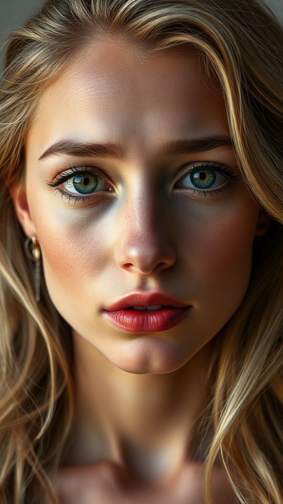 The anatomy of a 16-year-old, sad and weeping Spanish woman. Natural, 100% makeup-free, captivating, shy, tearful beauty. Natural facial structure, extremely realistic anatomical skin texture. Deeply detailed skin pores and sides interwoven with wavy blonde hair, an extremely detailed, focused facial structure. Fine, deep forehead lines and sharp details. Black iris eyes. Extremely detailed, micro-focused lashes. Extremely detailed, micro-focused, ultra-detailed black eyebrows. Large, pointed, focused nose. Extremely detailed, natural dimples. Detailed, full lips. Extremely detailed, focused red, juicy, wet lips. Small, elegant pointed chin. Beautifully detailed facial features. Anatomically defined facial line detail. Ultra-detailed processing. Micro-detailed aging pore structure. Focused, detailed earrings. Ultra-realistic, vibrant and ultra-realistic details. Unfiltered, extremely detailed 8K HD image.