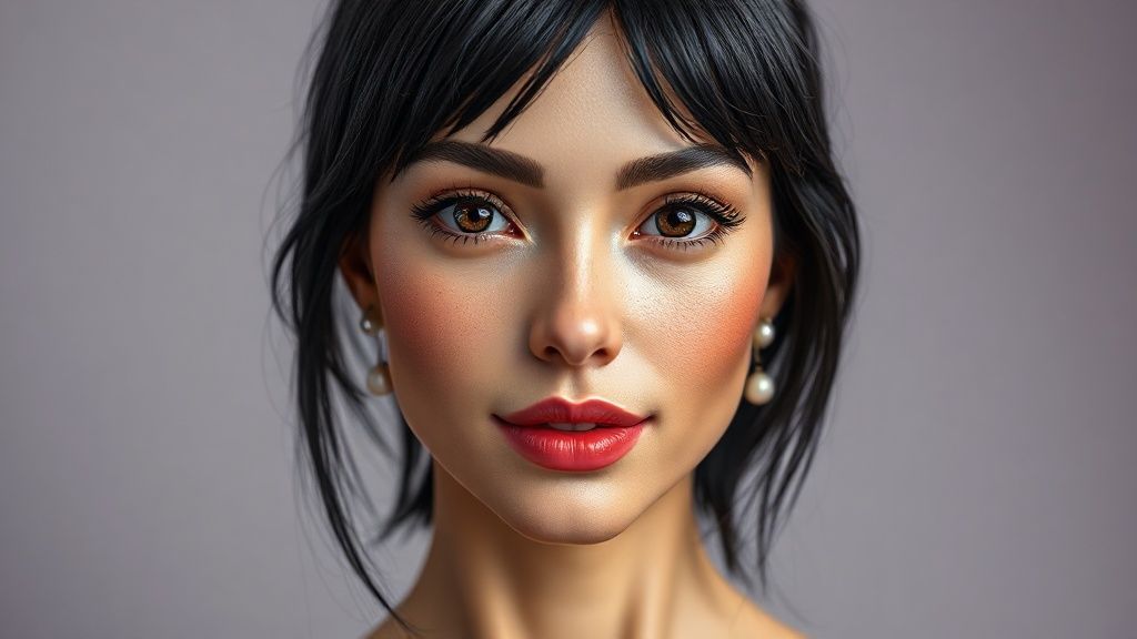 Background: Matte color, vivid studio lighting, female anatomy on a plain studio background with bright colors and lighting; ultra-realistic facial detail, ultra-realistic perforated porous skin texture, center-parted messy shiny black hair, brown iris, watery eyes, ultra-detailed eyelashes, ultra-detailed black eyebrows, small nose, ultra-detailed deep dimpled cheeks, detailed small folds (wet lips), pink lipstick, glossy lips, small chin, detailed lightly freckled face, ultra-anatomical prominent facial line detail, ultra-detailed facial hair, micro-detail, ultra-detail, sympathetic smile, pearl earrings in the ears, accurate physical detail compatible with anatomical detail;