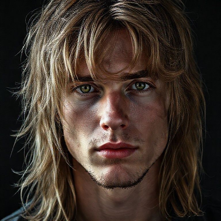 A realistic portrait of a handsome young man with dark blonde hair featuring subtle brown undertones. His hair reaches his shoulders, naturally messy and slightly tousled, with soft bangs falling forward. The hair is not layered or styled in a dramatic cut — it looks effortless and raw. He has green, wood-toned eyes with an earthy depth. His face is balanced: neither overly masculine nor baby-faced, with a straight nose and a sharp, defined jawline. Very minimal facial hair, only a faint shadow of stubble visible along the neck. His overall presence gives off a quiet rockstar vibe — confident, cool, slightly rebellious. Natural skin texture, soft moody lighting, cinematic realism, high-detail portrait, modern rock aesthetic.





---