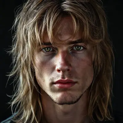 A realistic portrait of a handsome young man with dark blonde hair featuring subtle brown undertones. His hair reaches his shoulders, naturally messy and slightly tousled, with soft bangs falling forward. The hair is not layered or styled in a dramatic cut — it looks effortless and raw. He has green, wood-toned eyes with an earthy depth. His face is balanced: neither overly masculine nor baby-faced, with a straight nose and a sharp, defined jawline. Very minimal facial hair, only a faint shadow of stubble visible along the neck. His overall presence gives off a quiet rockstar vibe — confident, cool, slightly rebellious. Natural skin texture, soft moody lighting, cinematic realism, high-detail portrait, modern rock aesthetic.





---