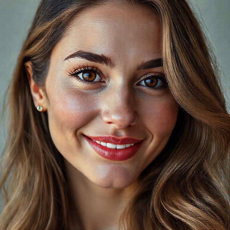 The profile of a Turkish woman in her twenties includes a sweet, sympathetic smile, sharp facial features, long, wavy, glossy dark blonde hair, brown eyes with moist irises, prominent, focused eyelashes, thick eyebrows, a pointed nose, dimpled cheeks, strikingly defined, pastel red, curved lips, remarkably realistic details of facial aging, anatomically realistic aging lines on the forehead, cheeks and chin, small, detailed earrings, and a cinematic, vibrant pose in high-quality, full-frame frontal shots that highlight all the details, like a 8K ultra HD professional model.