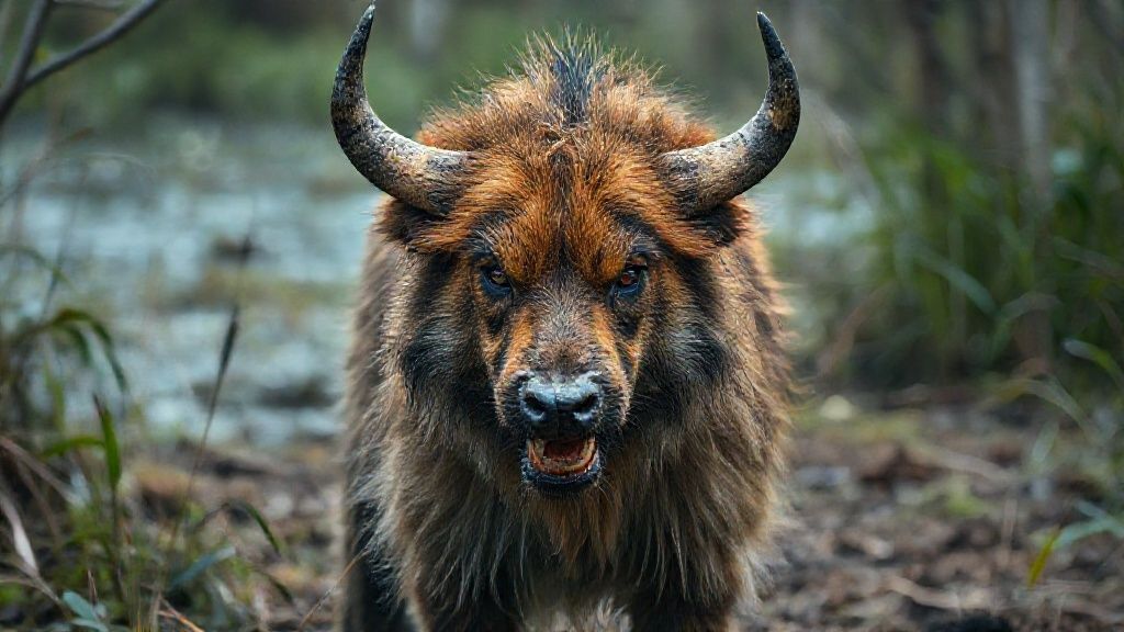 With its dog-like coloring and ferocious appearance, this bull-like creature is a unique being; a nearly mutated, evolved beast captured in documentary-quality footage. Its extremely wild and detailed fur creates a striking image in its mystical setting: a rural swamp lake. Filmed remotely with a professional 35mm DSLR camera for 8K Ultra HD documentary filmmakers.