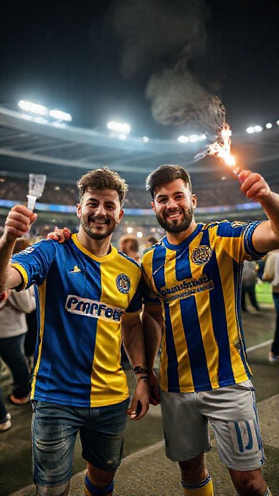 A male fan wearing a Fenerbahçe jersey with ultra HD detail and a male fan wearing a Galatasaray jersey with ultra HD detail having fun outside the stadium with torches in their hands.