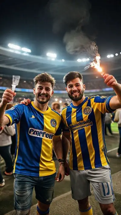 A male fan wearing a Fenerbahçe jersey with ultra HD detail and a male fan wearing a Galatasaray jersey with ultra HD detail having fun outside the stadium with torches in their hands.
