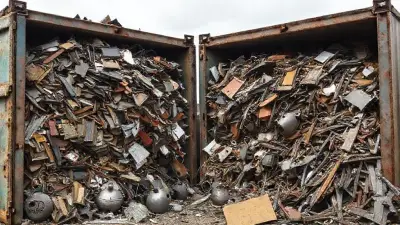 Large, side-by-side garbage containers filled to the brim with scraps overflowing from them; iron, steel teapots and mixed scraps are visible in the picture taken from a different angle.