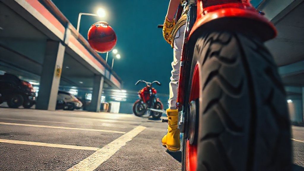 Hyper-detailed anime style, cinematic perspective, gritty and dramatic lighting, bold contrast with saturated colors. A low-angle tilted cinematic street-style shot of a parking lot, looking up at an anime girl holding a red motorcycle helmet in one hand and walking, as seen from behind. she wears white racing pants, a loose graphic t-shirt, a belt, and yellow boots, with the tread of one boot dominating the foreground in sharp detail. The perspective emphasizes the gritty, urban aesthetic with bold foreshortening. Infront of him, a red streetbike.