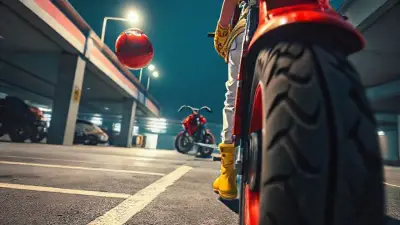 Hyper-detailed anime style, cinematic perspective, gritty and dramatic lighting, bold contrast with saturated colors. A low-angle tilted cinematic street-style shot of a parking lot, looking up at an anime girl holding a red motorcycle helmet in one hand and walking, as seen from behind. she wears white racing pants, a loose graphic t-shirt, a belt, and yellow boots, with the tread of one boot dominating the foreground in sharp detail. The perspective emphasizes the gritty, urban aesthetic with bold foreshortening. Infront of him, a red streetbike.