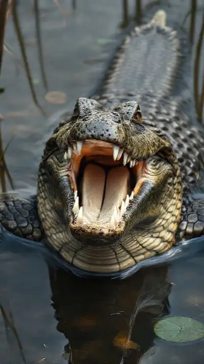 A magnificent animal with a very wide mouth, bolt-shaped teeth, ultra-detailed anatomy, and a meticulously rendered crocodile. Photograph taken in a swamp.