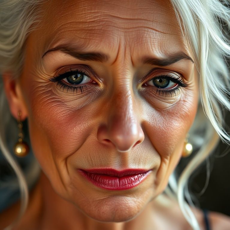 The anatomy of a 42 years old, sad and weeping Brazilian woman. Natural, 100% makeup-free, captivating, shy, tearful beauty. Natural facial structure, extremely ultra realistic anatomical skin texture. Deeply ultra detailed skin pores and sides interwoven with wavy white hair, an extremely ultra detailed, focused facial structure. Fine, deep forehead lines and sharp details. Black iris eyes. Extremely detailed, micro-focused lashes. Extremely detailed, micro-focused, ultra-detailed black eyebrows. Large, pointed, focused nose. Extremely detailed, natural dimples. Detailed, full lips. Extremely detailed, focused red, juicy, wet lips. Small, elegant pointed chin. Beautifully detailed facial features. Anatomically defined facial line ultra detail. Ultra-detailed processing. Micro-detailed aging pore structure. Focused, detailed earrings. Ultra-realistic, vibrant and ultra-realistic details. Unfiltered, extremely detailed 8K HD image. No filter.