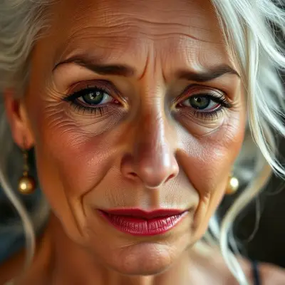 The anatomy of a 42 years old, sad and weeping Brazilian woman. Natural, 100% makeup-free, captivating, shy, tearful beauty. Natural facial structure, extremely ultra realistic anatomical skin texture. Deeply ultra detailed skin pores and sides interwoven with wavy white hair, an extremely ultra detailed, focused facial structure. Fine, deep forehead lines and sharp details. Black iris eyes. Extremely detailed, micro-focused lashes. Extremely detailed, micro-focused, ultra-detailed black eyebrows. Large, pointed, focused nose. Extremely detailed, natural dimples. Detailed, full lips. Extremely detailed, focused red, juicy, wet lips. Small, elegant pointed chin. Beautifully detailed facial features. Anatomically defined facial line ultra detail. Ultra-detailed processing. Micro-detailed aging pore structure. Focused, detailed earrings. Ultra-realistic, vibrant and ultra-realistic details. Unfiltered, extremely detailed 8K HD image. No filter.