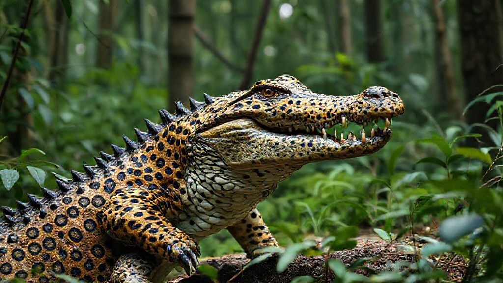 In its wild and detailed natural habitat in the forest, a cheetah-crocodile hybrid displays dazzlingly realistic details. With its anatomical mutation and colors, this ultra-realistic image was captured remotely in full screen using a professional 35mm DSLR camera.