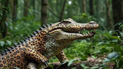 In its wild and detailed natural habitat in the forest, a cheetah-crocodile hybrid displays dazzlingly realistic details. With its anatomical mutation and colors, this ultra-realistic image was captured remotely in full screen using a professional 35mm DSLR camera.