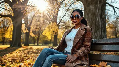 In an autumn park on a sunny day, tall oak trees have shed their leaves, and yellowing leaves lie on the ground. The sun reflects around a woman through the trees. A woman is sitting on a bench. She is in her 30s. She has dark skin, black hair pulled back, and is wearing large oval sunglasses, dark lipstick, and a brown plaid coat. She is wearing a slim-fit white shirt with three buttons undone, skinny jeans, and Puma green and white striped casual shoes. The lighting is suitable for the composition. Camera type: full-frame DSLR 100MP. Lens: 85mm f/1.8 portrait lens. 35mm image;