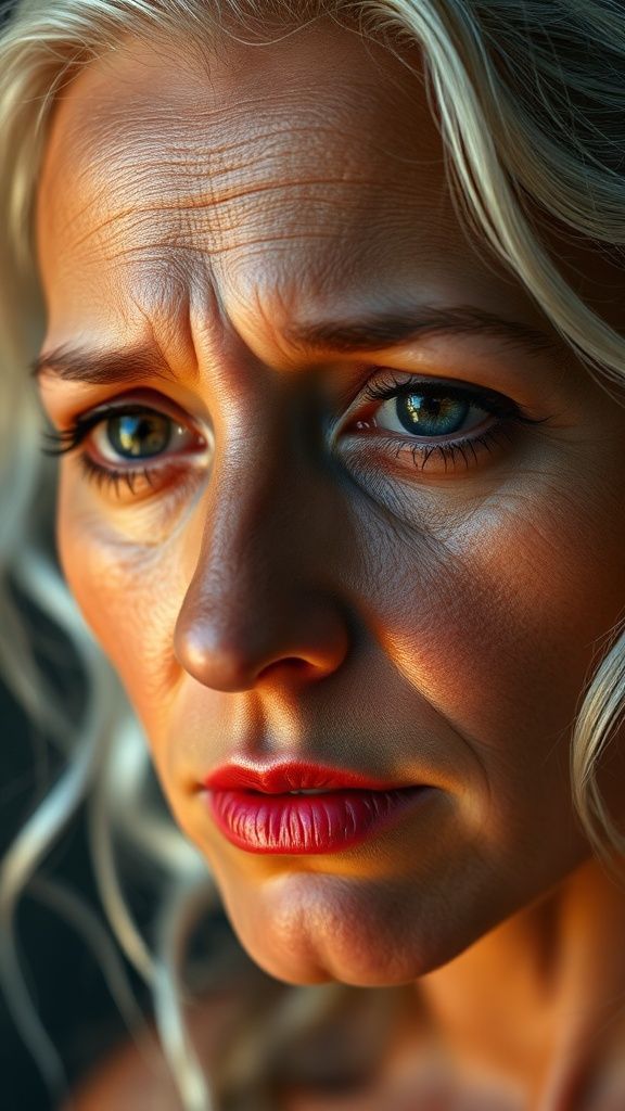 The anatomy of a 42 years old, sad and weeping Brazilian woman. Natural, 100% makeup-free, captivating, shy, tearful beauty. Natural facial structure, extremely ultra realistic anatomical skin texture. Deeply ultra detailed skin pores and sides interwoven with wavy white hair, an extremely ultra detailed, focused facial structure. Fine, deep forehead lines and sharp details. Black iris eyes. Extremely detailed, micro-focused lashes. Extremely detailed, micro-focused, ultra-detailed black eyebrows. Large, pointed, focused nose. Extremely detailed, natural dimples. Detailed, full lips. Extremely detailed, focused red, juicy, wet lips. Small, elegant pointed chin. Beautifully detailed facial features. Anatomically defined facial line ultra detail. Ultra-detailed processing. Micro-detailed aging pore structure. Focused, detailed earrings. Ultra-realistic, vibrant and ultra-realistic details. Unfiltered, extremely detailed 8K HD image.