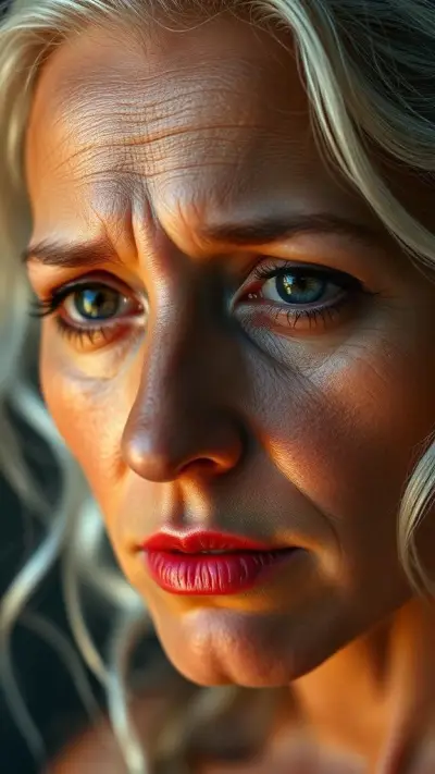 The anatomy of a 42 years old, sad and weeping Brazilian woman. Natural, 100% makeup-free, captivating, shy, tearful beauty. Natural facial structure, extremely ultra realistic anatomical skin texture. Deeply ultra detailed skin pores and sides interwoven with wavy white hair, an extremely ultra detailed, focused facial structure. Fine, deep forehead lines and sharp details. Black iris eyes. Extremely detailed, micro-focused lashes. Extremely detailed, micro-focused, ultra-detailed black eyebrows. Large, pointed, focused nose. Extremely detailed, natural dimples. Detailed, full lips. Extremely detailed, focused red, juicy, wet lips. Small, elegant pointed chin. Beautifully detailed facial features. Anatomically defined facial line ultra detail. Ultra-detailed processing. Micro-detailed aging pore structure. Focused, detailed earrings. Ultra-realistic, vibrant and ultra-realistic details. Unfiltered, extremely detailed 8K HD image.