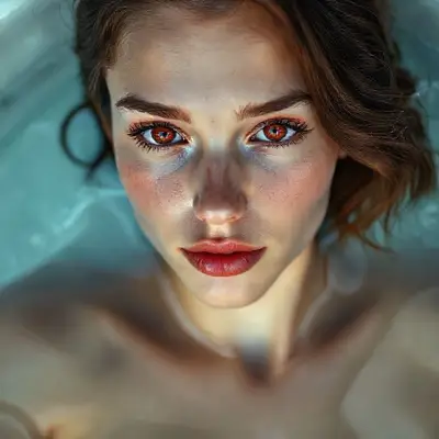 17-year-old  mystic sweet sugar model (light-toned body) (bright light red iris eyes) ultra-sharp iris detail, subtle reflections, moist tear line, natural lashes, ultra-detailed face, natural skin pores, soft cheek shadows, high-resolution lash texture, realistic light on the bridge of the nose, tear lines, realistic shading, moist full lips, soft ultra natural sheen, light rose color, subtle skin texture, visible lip folds, realistic light reflection, fake shadows, visible scleral veins, realistic shadows, short wavy dark brown hair, soft skin texture, realistic nipple detail, anatomically correct placement, subtle interplay of light and shadow, woman floating in a jacuzzi, soft cinematic lighting, Hasselblad H6D-100c, 85mm f/1.2 lens, ultra-detailed skin, (realistic anatomy)