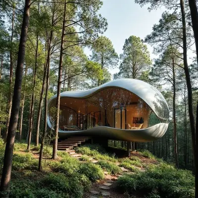 organic shaped house made of glass and wood, nestled in a forest, harmony with nature, zaha hadid style, modern architecture