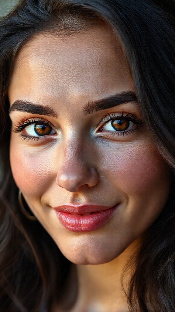 The facial anatomy of a cheerful and attractive woman in her 20's Turkish women Natural, 20% makeup-free, captivating, shy, innocent beauty. Natural facial structure, extremely realistic anatomical skin texture. Extremely detailed, focused facial structure with deeply detailed skin pores and wavy black hair. Fine, deep forehead lines and sharp details. Brown iris eyes. Extremely detailed, micro-focused lashes. Extremely detailed, micro-focused, ultra-detailed black eyebrows. Small, focused nose. Extremely detailed, natural cheekbones. Detailed lips. Extremely detailed, focused pink, juicy, wet lips. Small, elegant oval chin. Beautifully detailed facial features. Anatomically defined facial line detail. Ultra-detailed processing. Micro-detailed aging pore structure. Focused, detailed earrings. Realistic, vibrant, and ultra-realistic details. Unfiltered, extremely detailed 8K HD image.