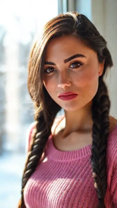 On a beautiful winter day, in a sunny room, stands a woman in her twenties, of Turkish descent, with long, dark brown hair braided to the sides. Her striking facial features include highly detailed brown irises, watery eyes, prominent eyelashes and thick eyebrows; a small, pointed, arched nose; bright pink, curved lips; a small, highly detailed oval chin; a delicate face and a captivating, sympathetic, sincere gaze. Physically, she has short shoulders, small, soft breasts, a slender waist, a slightly defined rib cage, slightly protruding shoulder blades, vibrant colors, focused eyes, and perfect lighting. The woman is a professional model with strikingly ultra realistic details. Ultra HD 8K