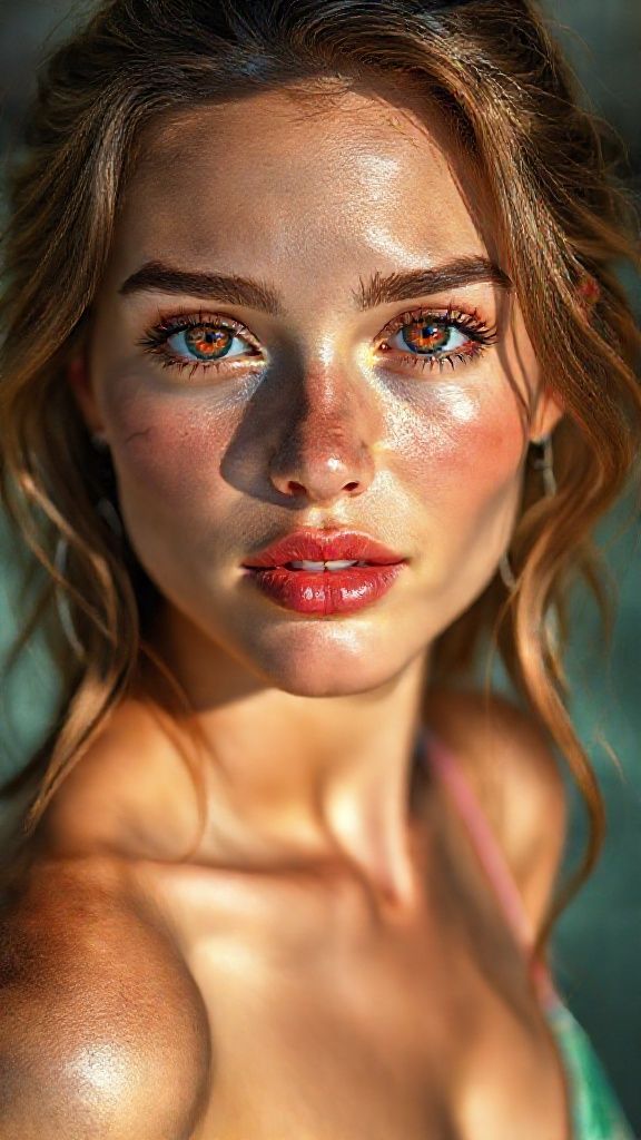 22-year-old, sweet model slim fit bikini body, toned (bright light red iris eyes) sharp iris detail, subtle reflections, moist tear line, natural lashes, ultra-detailed face, natural skin pores, soft cheek shadows, high-resolution lash texture, realistic light on the bridge of the nose, tear lines, realistic shading, moist full lips, soft ultra natural sheen, light rose color, subtle skin texture, visible lip folds, realistic light reflection, sunny shadows, visible scleral veins, 85 mm+ anatomic detailed lens;