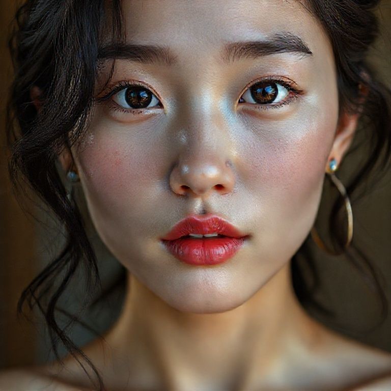 Korean Woman, face and body, anatomy, natural, real no makeup, attractive, horny, wild beauty, in her early 20s. Natural face, very realistic anatomical skin structure. Highly detailed facial structure with deep skin pores and wavy black hair. Definite, deep forehead lines and sharp details. Black iris eyes. Highly detailed, micro-focused eyelashes. Highly detailed, micro-focused, ultra-detailed black eyebrows. Small, focused nose. Highly detailed, natural cheekbones. Small, vague mouth. Detailed lip curves. Highly detailed, focused pink pastel wet lips. Small oval chin. Beautifully detailed facial features. Anatomically defined facial line detail. Micro-detailed facial hair. Micro-detailed aging pore structure. Highly detailed earrings. Slim fit petite woman. Neck and bikini area (small breasts with detailed anatomical micro-textures). Micro-anatomical without the use of a screen filter (no face filter). Realistic color tones, ultra-realistic details. 8K UHD VİVİD COLOR