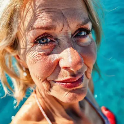 98-year-old Norwegian model, left: sunlight, sharp iris detail, subtle reflections, moist tear line, natural lashes, ultra-detailed face, natural skin pores, cheek shadows, high-definition eyelash texture, realistic light on the bridge of the nose, tear lines, realistic shading, moist, full lips, soft, ultra-natural shine, light rose color, fair skin texture, pronounced lip folds, prominent ultra-scleral veins, flirty, cute demeanor, broad shoulders, very small bust (rose skin), detail of the chest area, short glittery bikini and a little belly fat, fit hips and very sexy butt, red high heels, beautiful woman posing, high-angle camera 8K Ultra-realistic (selfie) shot, realistic light reflections, sunny shadows, ultra-detailed anatomical realism, body line and wrinkle detail. Blue ocean background;