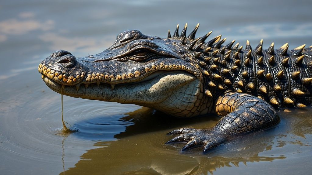 A unique animal that physically resembles a crocodile but has shark-like coloring and a bizarre appearance; a mutated, evolved animal captured in documentary-quality footage. Its extremely wild and detailed fur creates a very impressive sight in its mystical environment, a rural swamp lake. Filmed remotely with a professional 35mm DSLR camera for Ultra HD documentary filmmakers.