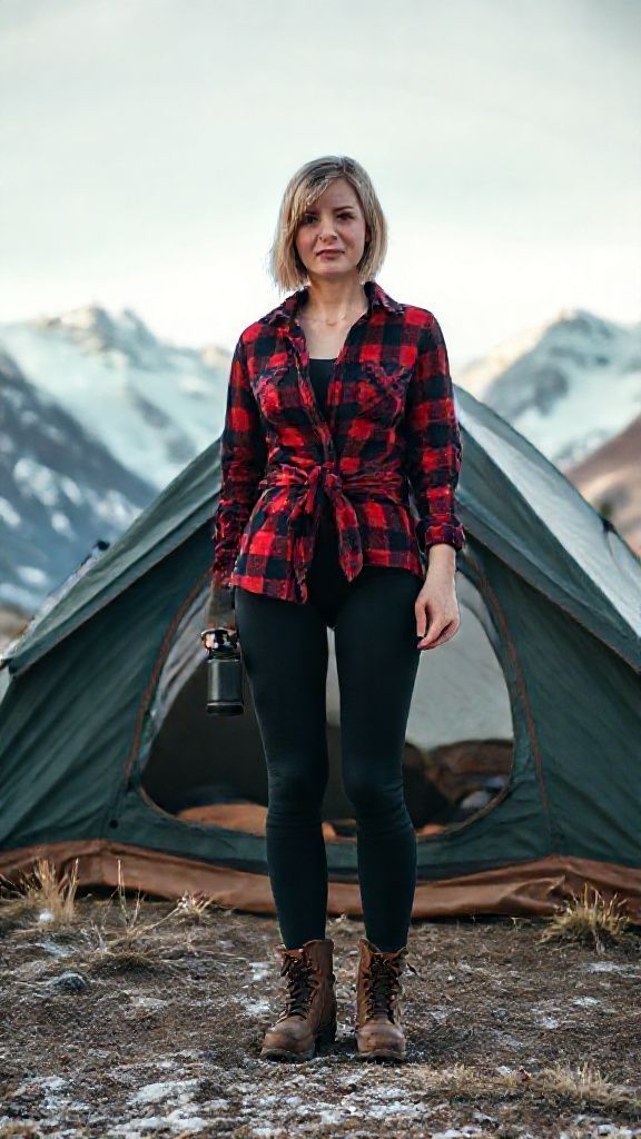A woman in her twenties standing in front of a camping tent in the mountains. She is of medium height, with short, straight blonde hair and fair skin. She is wearing a black plaid, slim-fit red lumberjack shirt tied at the waist, black underwear, and brown hiking boots, holding a coffee grinder in her hand. The air is cold and crisp, with realistic details, vibrant colors, and a cinematic atmosphere that suits the Ultra HD 8K scene;