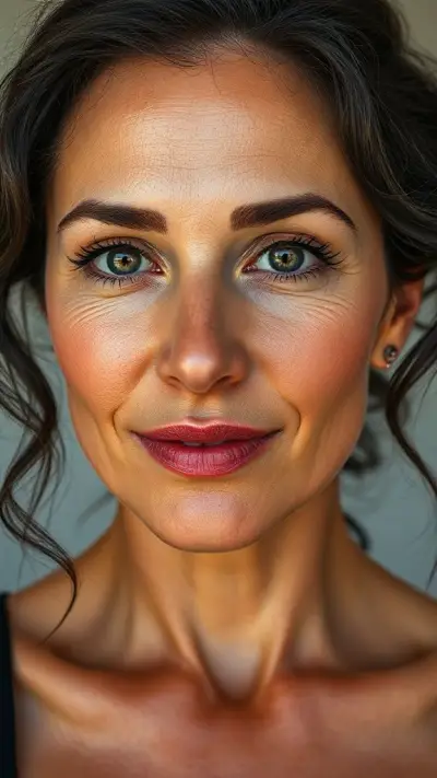 Female, face and body, anatomy, natural, real no makeup, attractive, horny, passionate beauty, in her early 40s. Natural face, very realistic anatomical skin structure. Highly detailed facial structure with deep skin pores and wavy black hair. Definite, deep forehead lines and sharp details. Black iris eyes. Highly detailed, micro-focused eyelashes. Highly detailed, micro-focused, ultra-detailed black eyebrows. Small, focused nose. Highly detailed, natural cheekbones. Small, subtle mouth with detail. Detailed lip curves. Highly detailed, focused pink pastel wet lips. Small oval chin. Beautifully detailed facial features. Anatomically defined facial line detail. Micro-detailed facial hair. Micro-detailed aging pore structure. Highly detailed earrings. Slim fit petite woman. Neck and bikini area (small breast with detail) (realistic anatomical micro-textures). Micro-anatomical without the use of a screen filter (no face filter). Realistic color tone, ultra-realistic details. 8K Ultra HD