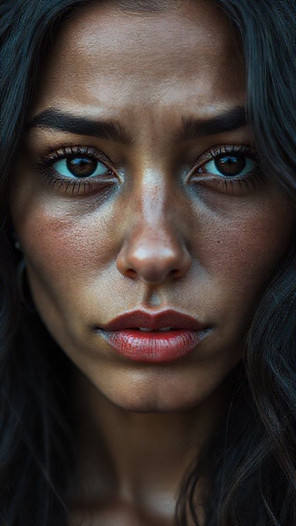 The anatomy of a 22 years old, sad and weeping Brazilian woman. Natural, 100% makeup free, captivating, shy, tearful beauty. Natural facial structure, extremely ultra realistic anatomical skin texture. Deeply ultra detailed skin pores and sides interwoven with wavy black hair, an extremely ultra realistic detailed, focused facial structure. Fine, deep forehead lines and sharp details. Black iris eyes. Extremely detailed, micro focused lashes. Extremely detailed, micro focused, ultra detailed black eyebrows. Large, pointed, focused nose. Extremely detailed, natural dimples. Detailed, full lips. Extremely detailed, focused red, juicy, wet lips. Small, elegant pointed chin. Beautifully detailed facial features. Anatomically defined facial line ultra detail. Ultra detailed processing. Micro detailed aging pore structure. Focused, detailed earrings. Ultra realistic, vibrant and ultra-realistic details. Unfiltered, extremely detailed 16K HD image. No filter.