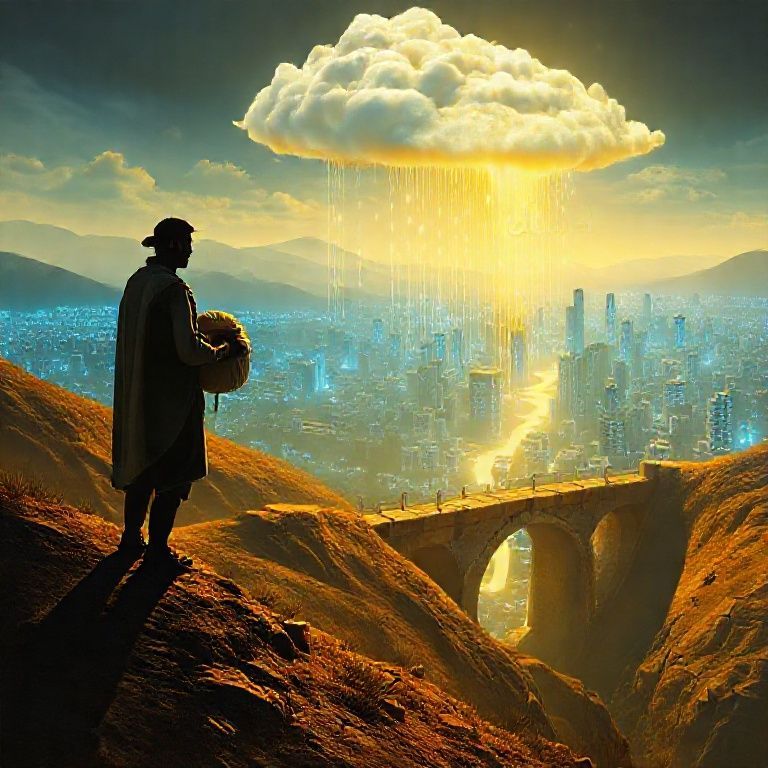 A surreal and symbolic digital painting. In the foreground, the silhouette of a humble shepherd figure on a mountain slope, holding an empty cloth bundle, casting a shadow of a complex, digital city labyrinth. In the sky above a modern metropolis, a river of pure, glowing white milk seeps from a cloth cloud, raining down like golden oil. The milk droplets evaporate upon touching the city's cold, neon-blue lights and holographic advertisement symbols. A cracked stone bridge connects the warm, earthy-toned mountainous land to the cold, electric-blue city. Faint, translucent Arabic calligraphy (the word "Salaam") floats in the air where the milk vanishes. The atmosphere is melancholic yet hopeful, with sharp details and a dreamlike, symbolic composition. Style reminiscent of visionary art and surrealism, with dramatic lighting contrast.