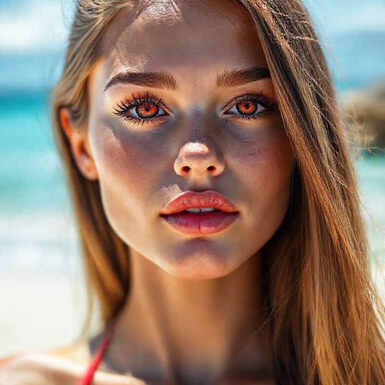 22-year-old, sweet model slim fit bikini body, toned (bright light red iris eyes) sharp iris detail, subtle reflections, moist tear line, natural lashes, ultra-detailed face, natural skin pores, soft cheek shadows, high-resolution lash texture, realistic light on the bridge of the nose, tear lines, realistic shading, moist full lips, soft ultra natural sheen, light rose color, subtle skin texture, visible lip folds, realistic light reflection, sunny shadows, visible scleral veins, 85 mm+ mycro anatomic detailed lens;
