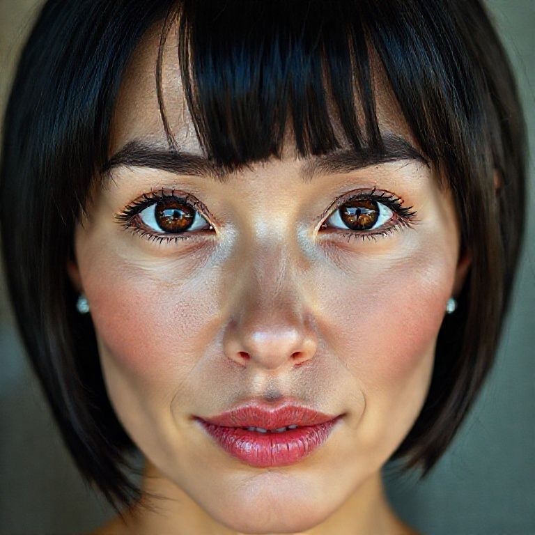 Black hair, short bob cut, shiny and thick hair, highly detailed thick black eyebrows, brown eyes with ultra-detailed wet irises, highly detailed eyelashes, small hazelnut nose, silver piercing in left nostril, finely detailed lips with glossy curves and highly detailed pink lipstick, lightly tanned fair skin, small shiny earrings in her ear, pronounced cheekbones and aging lines on her cheeks, around her eyes, and on her forehead, ultra-detailed skin and pores. A 42-year-old Caucasian female, cinematically photographed from the chest up, with ultra-realistic anatomical and genetic aging details, no filters applied. Ultra HD 4320p.