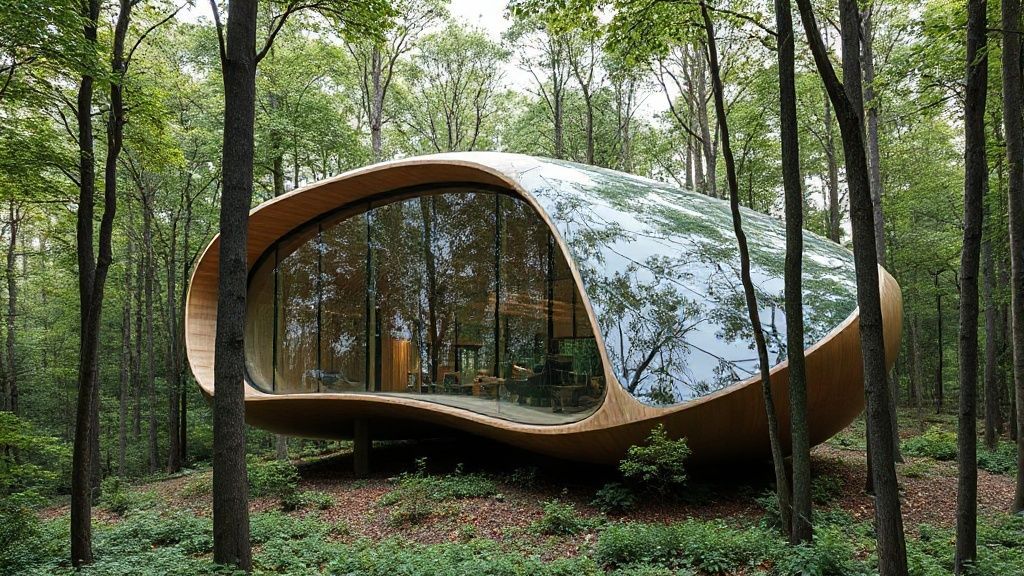 organic shaped house made of glass and wood, nestled in a forest, harmony with nature, zaha hadid style, modern architecture