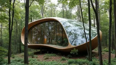 organic shaped house made of glass and wood, nestled in a forest, harmony with nature, zaha hadid style, modern architecture