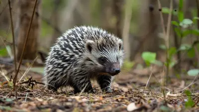In its wild and detailed natural habitat in a rural swamp forest, a zebra-like hedgehog-bear hybrid creature creates a dazzling visual spectacle. This ultra-realistic image, shot from a distance with a professional 35mm DSLR camera,