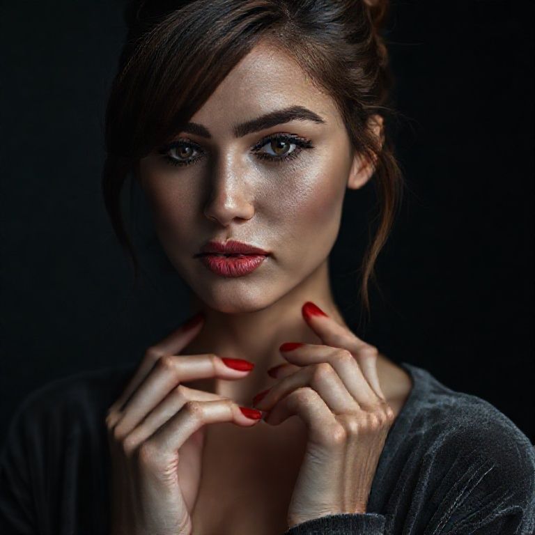 A cinematic close-up portrait of a striking woman, her face softly lit against a dark, somber background, wearing a low-cut gray velvet shirt. She has delicate, matte pink lips, striking black eyeliner, and defined eyebrows; she gazes intensely at the camera with confident, charming, piercing eyes. Her brown hair is pulled back into a slightly messy bun, with loose strands framing her flawlessly sculpted face. Her red nails, which match her lipstick, lightly touch her mouth, adding a subtle elegance. The lighting is clean and on-trend, creating sharp contrast and rich shadows, creating a minimalist, mystical atmosphere. The 85mm lens, shallow depth of field, sharp iris focus on the eyes, cinematic color grading, high-resolution editorial style, no text, no logos.