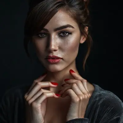 A cinematic close-up portrait of a striking woman, her face softly lit against a dark, somber background, wearing a low-cut gray velvet shirt. She has delicate, matte pink lips, striking black eyeliner, and defined eyebrows; she gazes intensely at the camera with confident, charming, piercing eyes. Her brown hair is pulled back into a slightly messy bun, with loose strands framing her flawlessly sculpted face. Her red nails, which match her lipstick, lightly touch her mouth, adding a subtle elegance. The lighting is clean and on-trend, creating sharp contrast and rich shadows, creating a minimalist, mystical atmosphere. The 85mm lens, shallow depth of field, sharp iris focus on the eyes, cinematic color grading, high-resolution editorial style, no text, no logos.